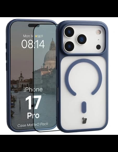 Etui z pierścieniem magnetycznym + szkło hartowane Bizon MatteO Pack do Apple iPhone 17 Pro przydymione-granatowe